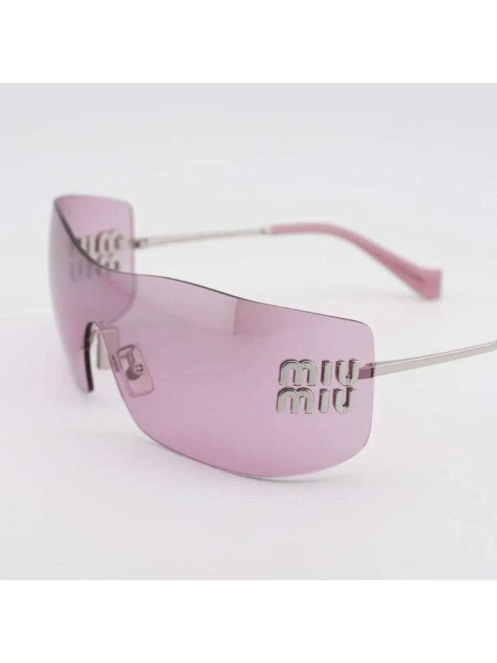 Miu Miu MUB53S 1BC70Y Sunglasses Silver Rimless Shield Frame, Pink Lenses